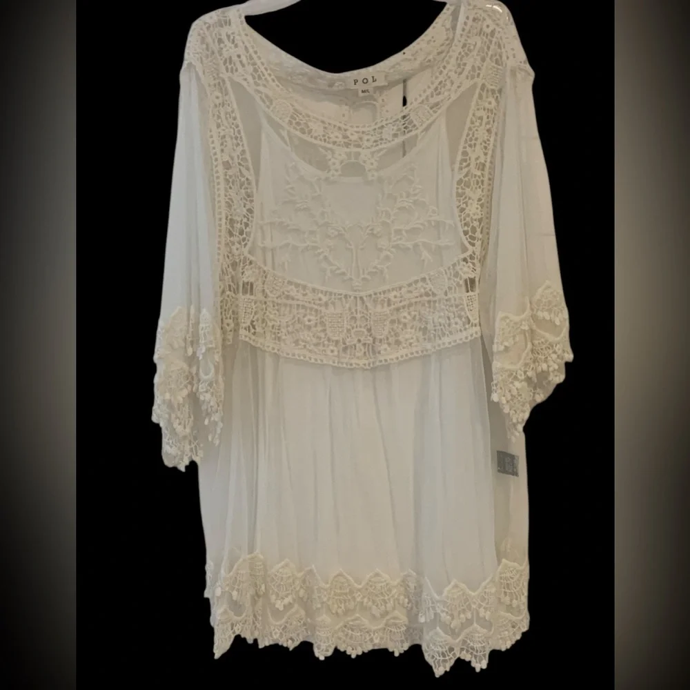 POL Lace & Mesh Pullover Top Bohemian Sheer Ivory Women’s Size M/L